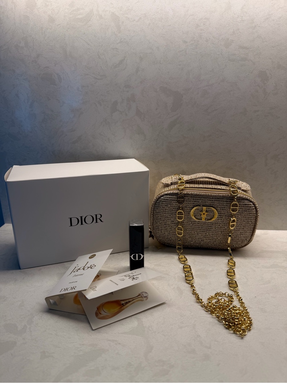 Dior Beige Woven Crossbody with Gold Chain Strap….